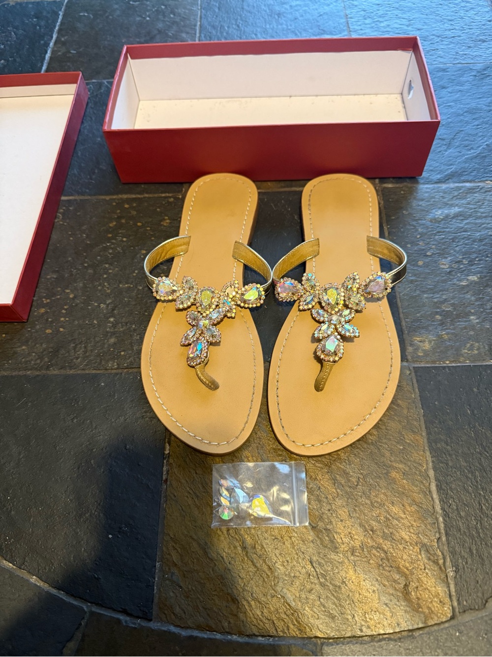 Gold Jeweled Women's Slip-On T-Strap Sandals